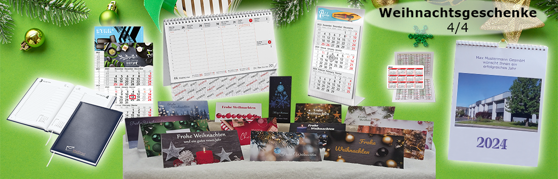 Collage aus Buchkalender, Tischkalender (mit Magnet), Faltkalender, Taschenkalender, Bildkalender, und Weihnachtskarten